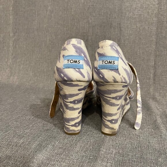 Toms Ikat Print Fabric Open Toe Wedge Sandals Blue White Women's Size 8 - Picture 3 of 6